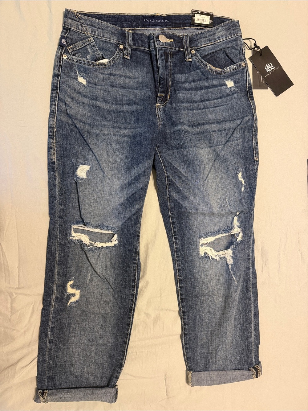 NWT Rock & Republic Distressed Medium Blue Boyfriend Jeans 10M